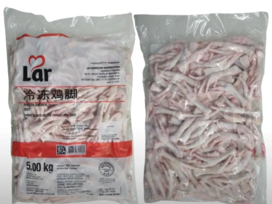 Two bulk bags of frozen chicken feet, one labelled and one shown from the back