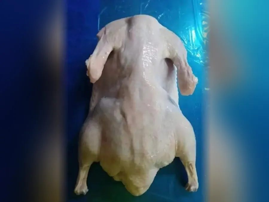 Whole raw chicken, wings spread, laid out on a blue plastic sheet
